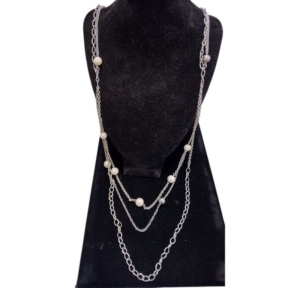 Premier Designs Necklace Faux Pearls Multi Strand Silver Chain - Picture 1 of 4